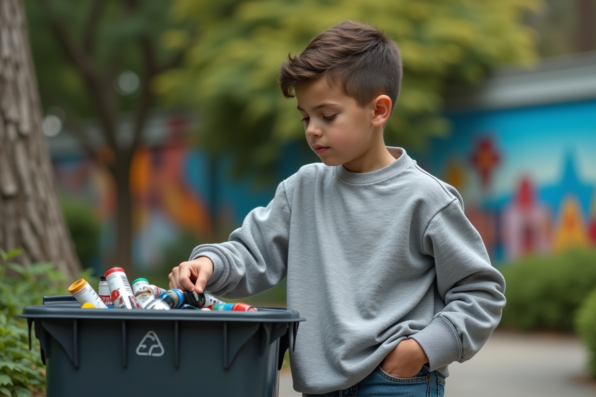 Adolescent recyclant des tubes de peinture acrylique en extérieur