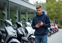 Dénicher le meilleur prix d’un scooter 50 cc neuf : nos astuces Jeune homme compare prix de scooters 50cc
