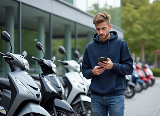 Dénicher le meilleur prix d’un scooter 50 cc neuf : nos astuces Jeune homme compare prix de scooters 50cc