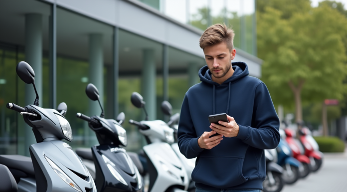 Dénicher le meilleur prix d’un scooter 50 cc neuf : nos astuces Jeune homme compare prix de scooters 50cc