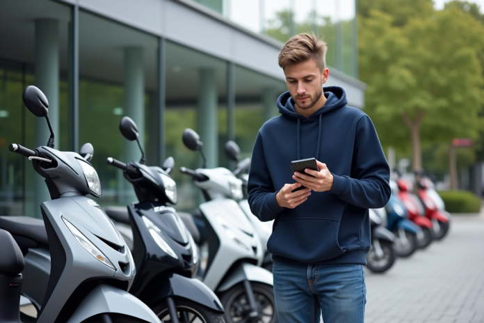 jeune-homme-scooters-dealer Jeune homme compare prix de scooters 50cc