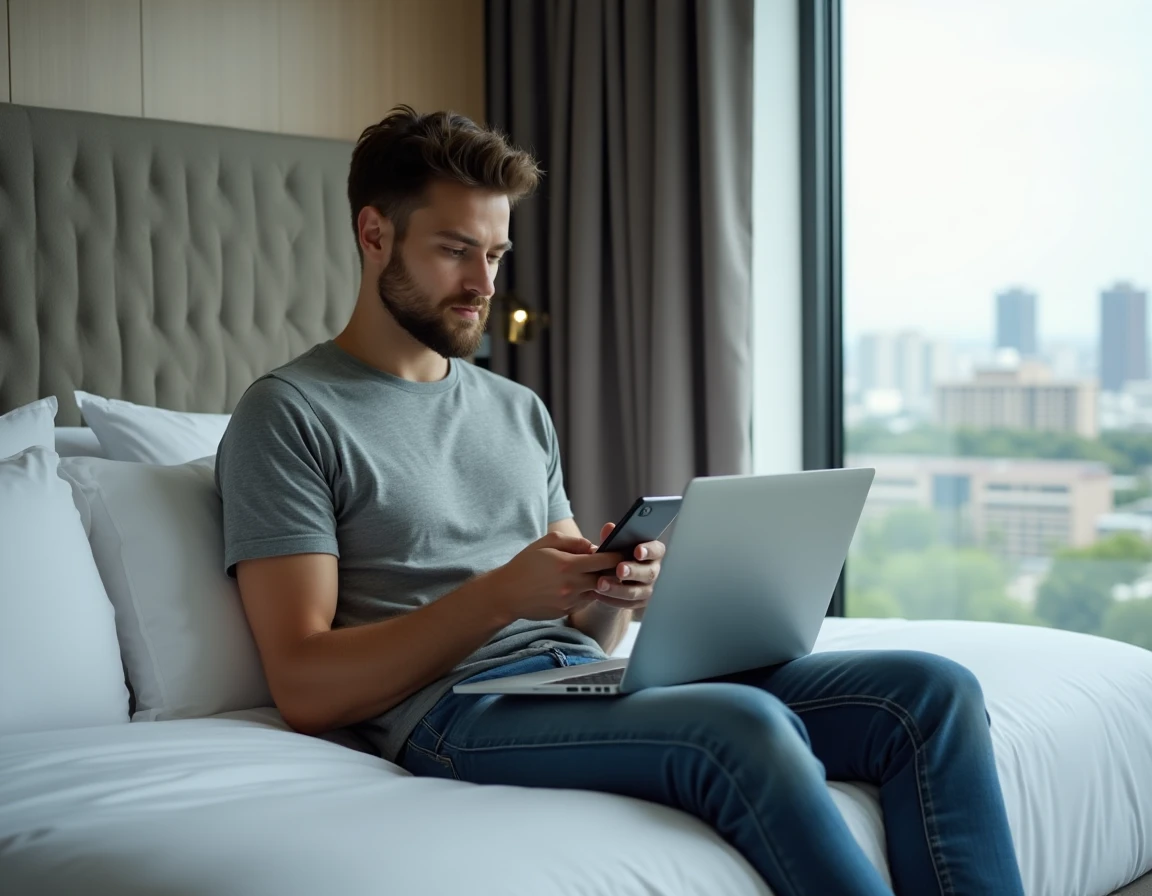 Jeune homme consultant le service client Sosh en ligne depuis une chambre d'hôtel à l'étranger