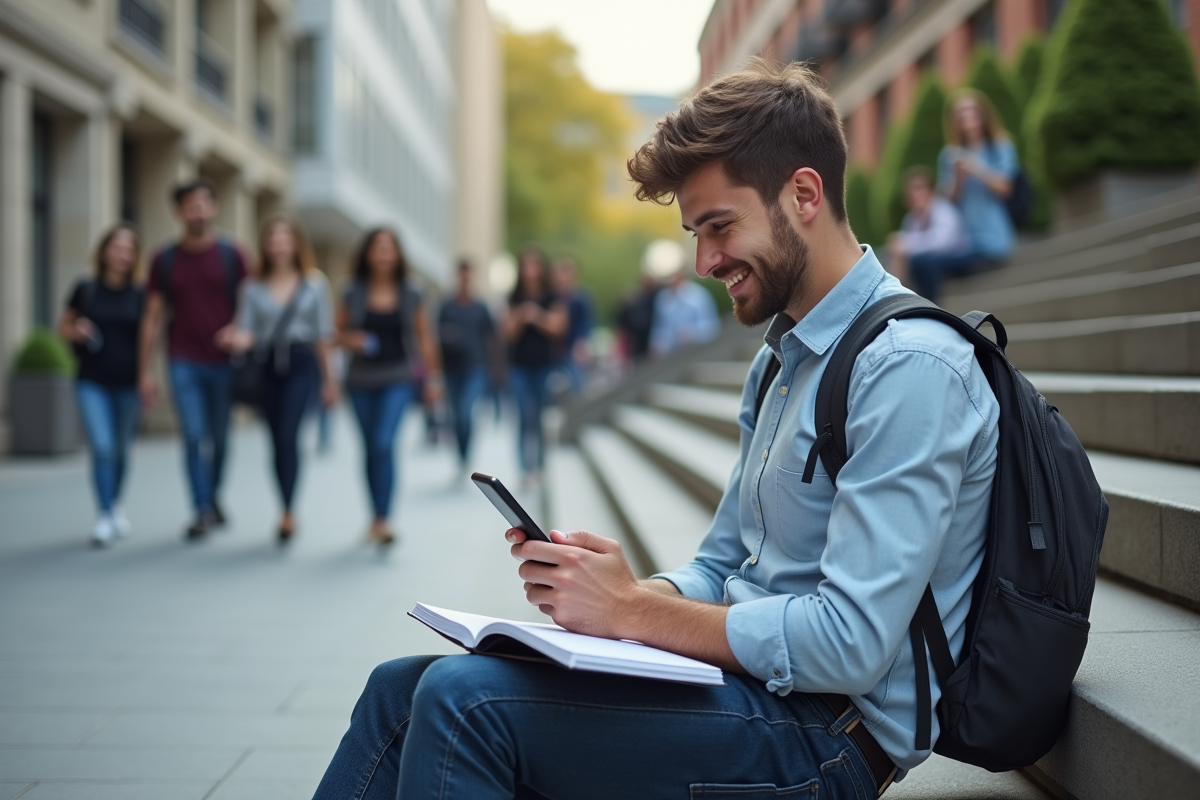 Jeune homme assis sur les marches de la ville avec smartphone