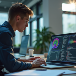 Jeune professionnel travaillant sur un ordinateur avec code et diagrammes neural