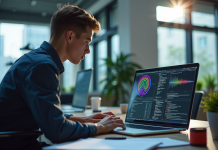 Jeune professionnel travaillant sur un ordinateur avec code et diagrammes neural
