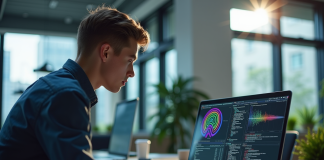 Jeune professionnel travaillant sur un ordinateur avec code et diagrammes neural