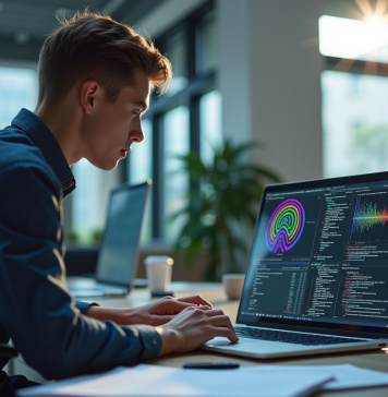 Jeune professionnel travaillant sur un ordinateur avec code et diagrammes neural