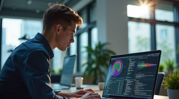 Jeune professionnel travaillant sur un ordinateur avec code et diagrammes neural