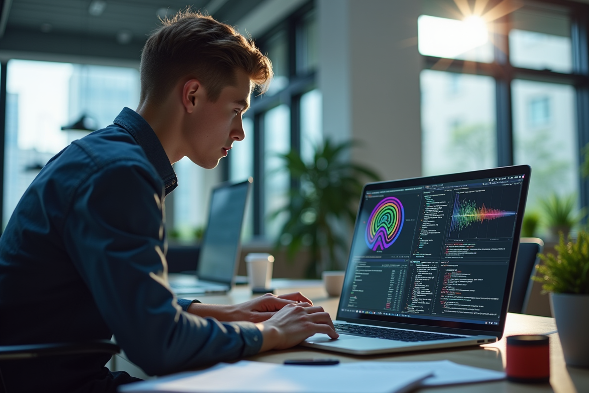 Jeune professionnel travaillant sur un ordinateur avec code et diagrammes neural