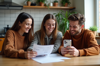 Trois jeunes adultes autour d'une table cuisine en train de vérifier des factures