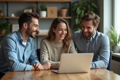 Trois jeunes adultes rient autour d'un ordinateur dans un bureau moderne
