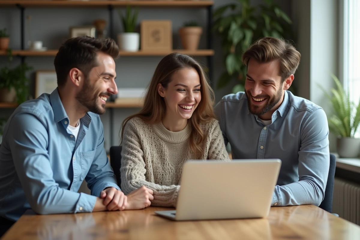 Trois jeunes adultes rient autour d'un ordinateur dans un bureau moderne
