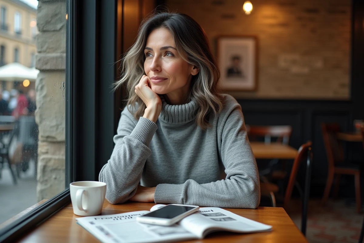 Journaliste en pause dans un café parisien, entourée de documents de presse, évoquant réflexion sur un parcours médiatique courageux