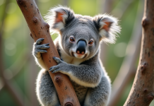 Portrait de koala accroché à une branche d'eucalyptus en lumière naturelle