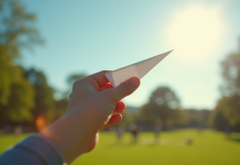 Main lançant un avion en papier dans un parc ensoleille