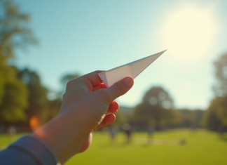 Main lançant un avion en papier dans un parc ensoleille