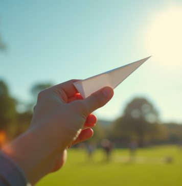 Main lançant un avion en papier dans un parc ensoleille