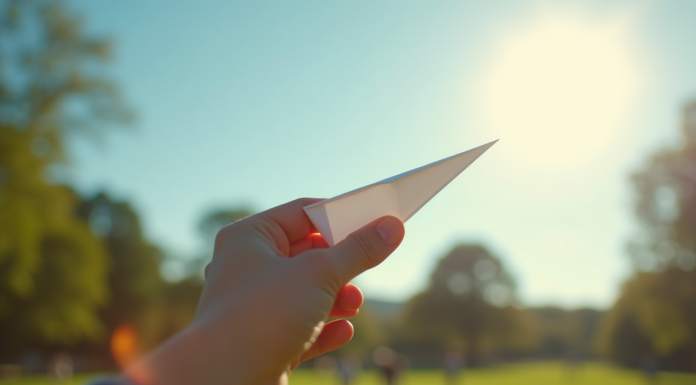 Main lançant un avion en papier dans un parc ensoleille