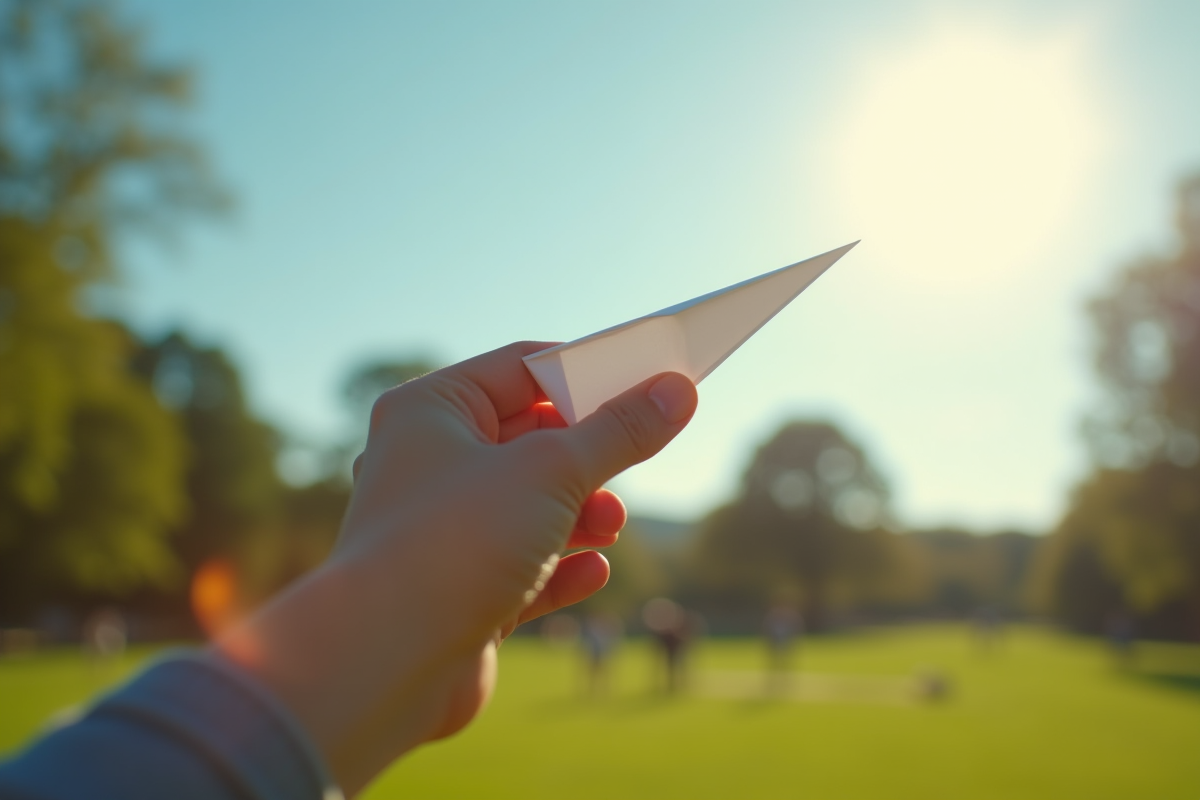 Main lançant un avion en papier dans un parc ensoleille