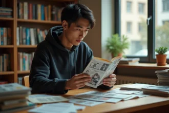 Jeune homme lisant un manhua chinois assis à son bureau entouré de livres de bande dessinée