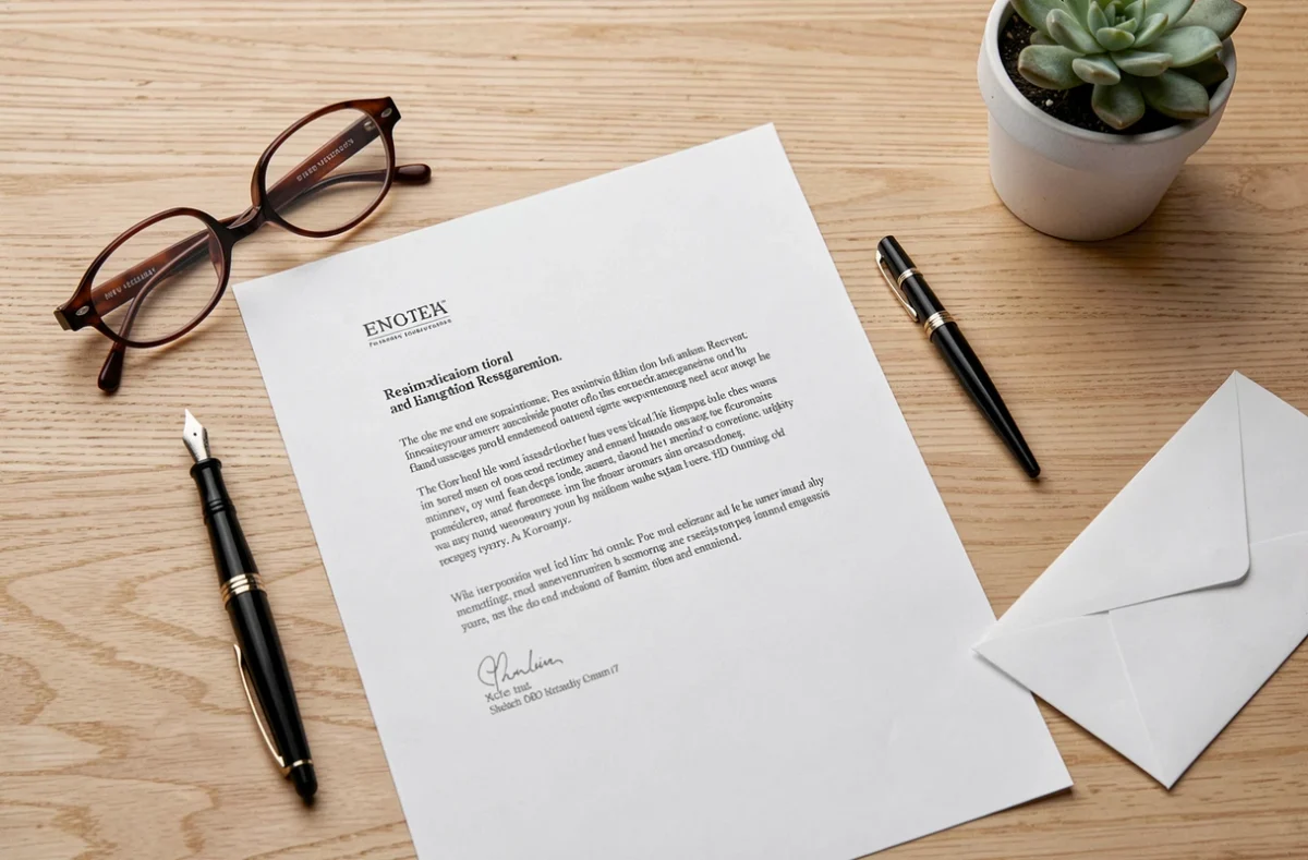 Vue de dessus d'une lettre de résiliation officielle avec stylo plume et enveloppe sur un bureau en bois