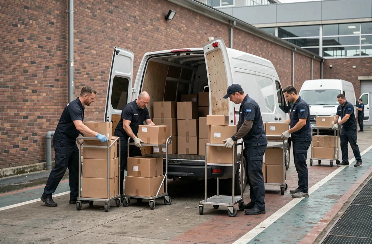 Livreurs déchargeant des colis d'un fourgon sur le quai de chargement d'une plateforme logistique urbaine