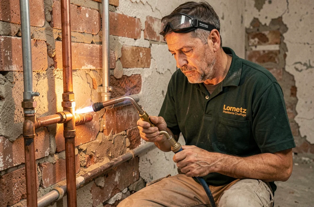 Artisan Lorentz Plomberie Chauffage soudant un joint en cuivre dans une salle de bain en rénovation