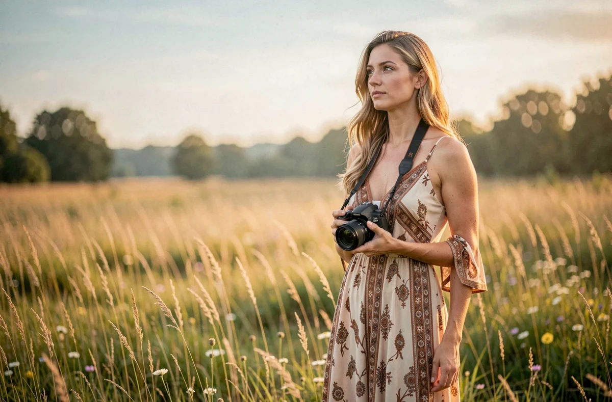 Photographe de Lunae en robe bohème dans une prairie dorée de la vallée de la Loire au crépuscule
