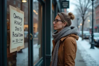 Femme devant un magasin fermé le 1er janvier lisant un panneau d'horaires d'ouverture