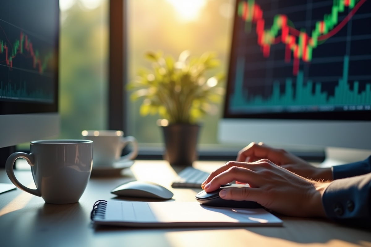 Main incertaine au-dessus d une souris devant un écran de trading