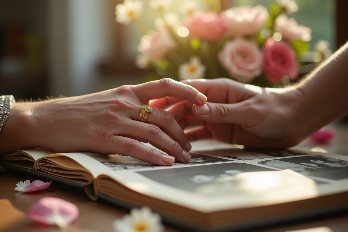 Mains âgées touchant un album photo avec alliances