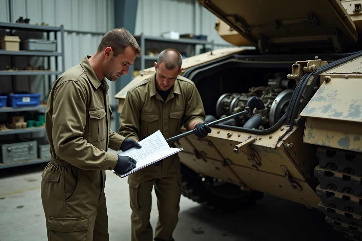 Mécaniciens militaires effectuant la maintenance du moteur d'un char Abrams M1A1 dans un hangar de réparation