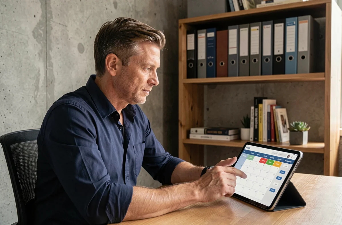 Manager consultant son application de gestion de planning hebdomadaire sur tablette dans un bureau privé
