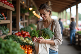 Jeune femme examinant des sacs réutilisables au marché