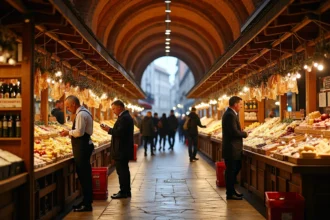 Marché couvert de Toulouse animé en soirée après le travail avec étals de produits locaux et clients en tenue de bureau