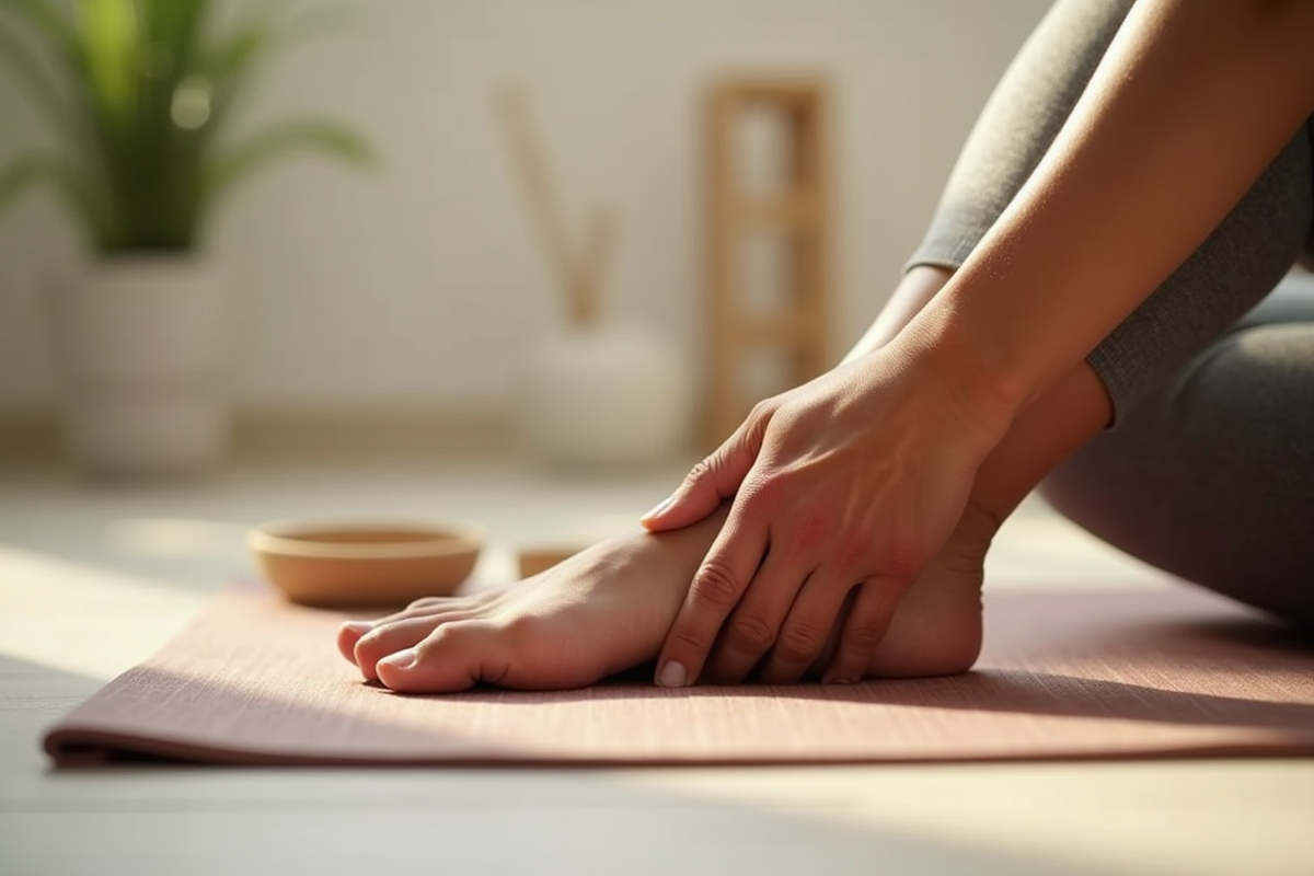 Gros plan sur une main massant un pied sur un tapis de yoga