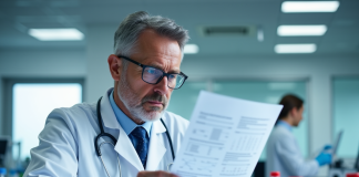 Médecin inquiet dans un laboratoire moderne analysant un test
