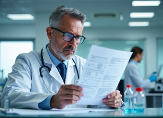 Médecin inquiet dans un laboratoire moderne analysant un test