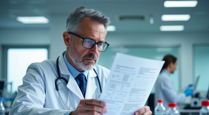 Médecin inquiet dans un laboratoire moderne analysant un test