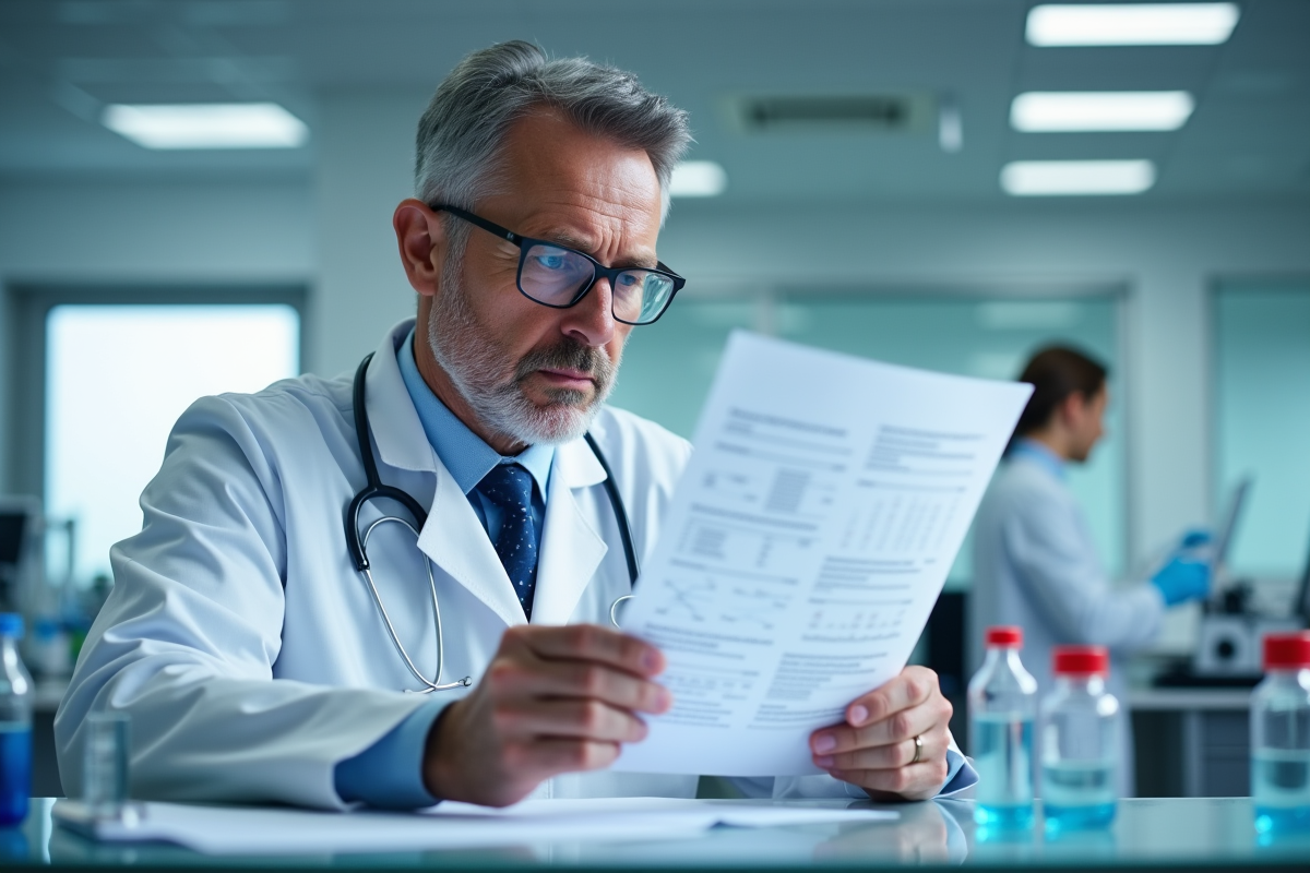 Médecin inquiet dans un laboratoire moderne analysant un test