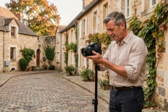 Photographe professionnel en Pays de la Loire examinant ses clichés devant une architecture typique de la région