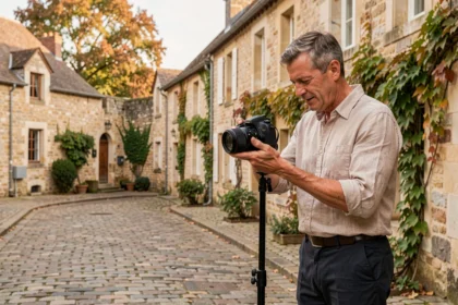 Photographe professionnel en Pays de la Loire examinant ses clichés devant une architecture typique de la région
