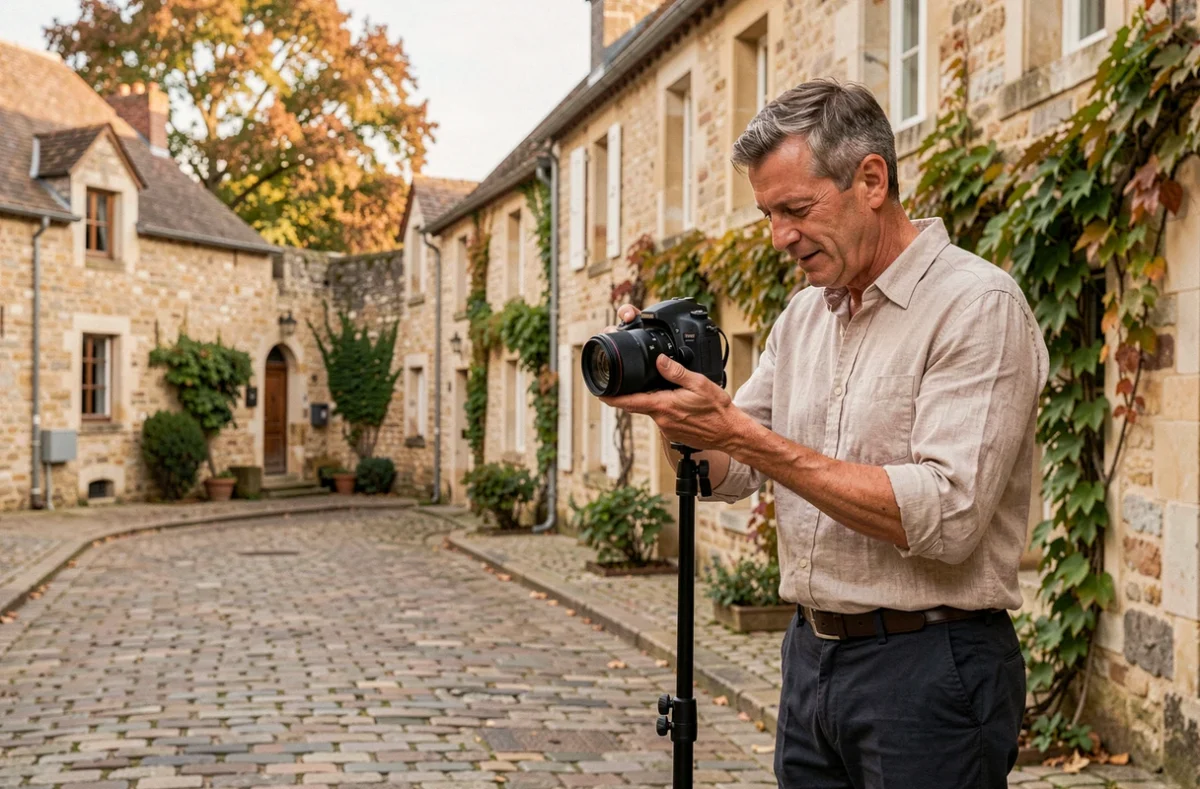 Photographe professionnel en Pays de la Loire examinant ses clichés devant une architecture typique de la région