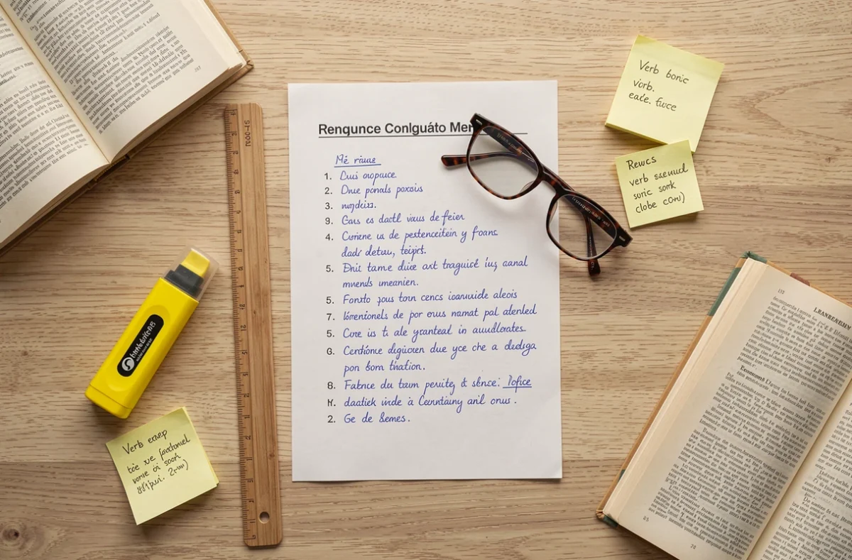 Vue de dessus d'un mémo de conjugaison française annoté entouré de fournitures scolaires sur un bureau en bois