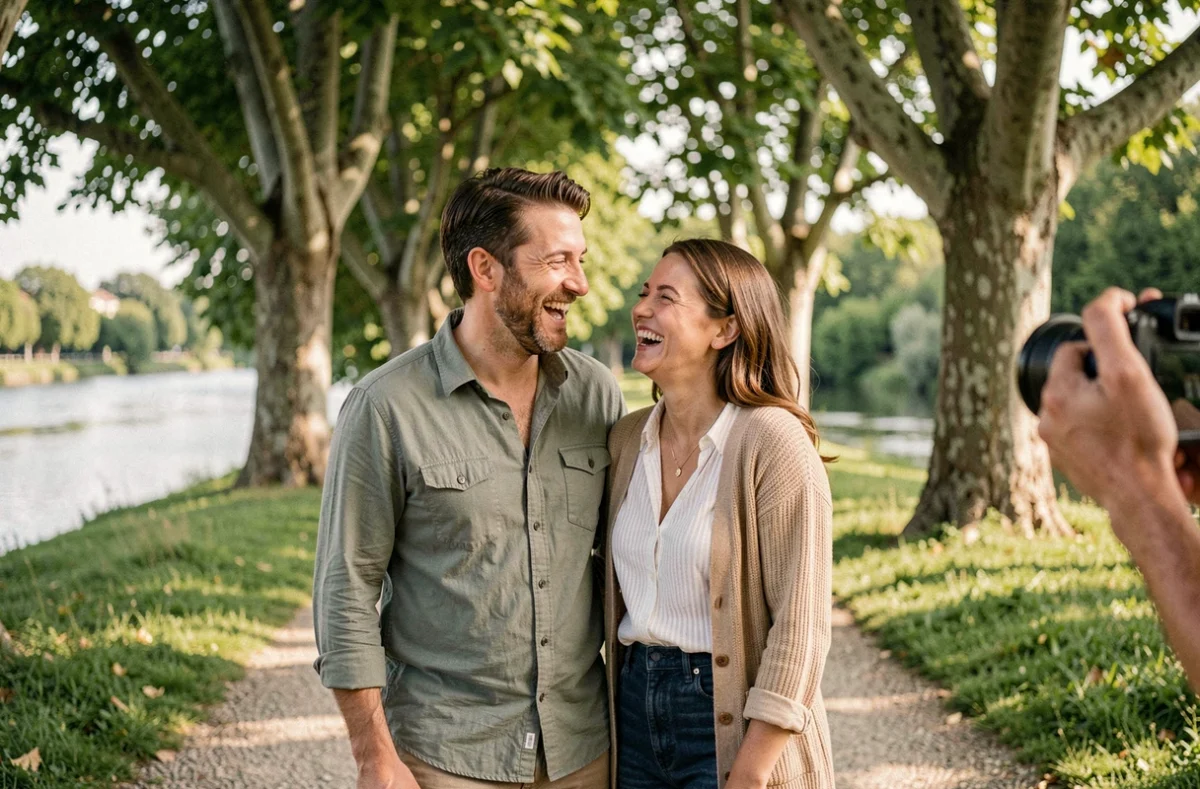 M&J Photographers à Toulouse, portrait de couple authentique dans un parc au bord de la Garonne, rires naturels et ambiance verdoyante