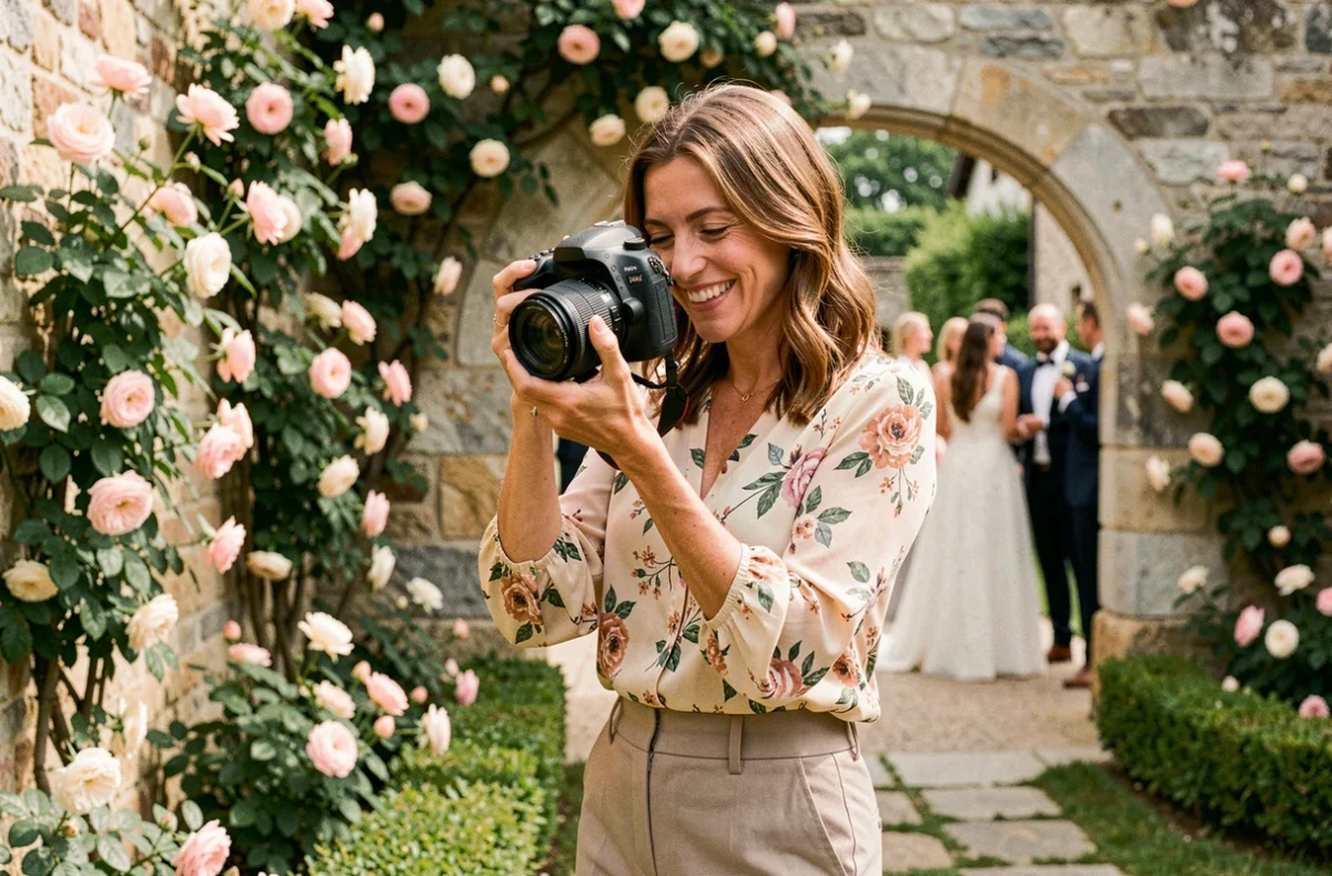 Morgane Lhotellier photographe souriante lors d'un mariage en plein air dans un cadre de pierres et de jardins verdoyants