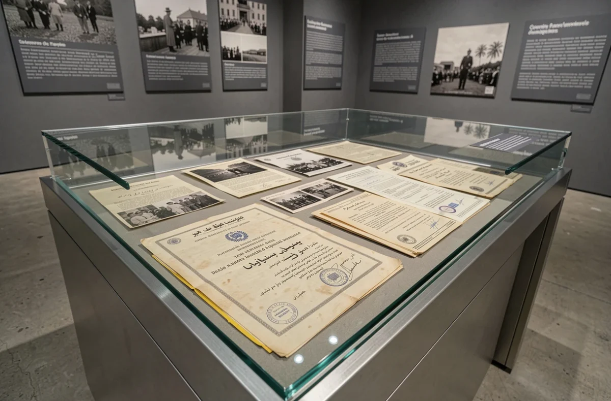 Vitrine muséale présentant des documents officiels et photographies de presse sur la mort du Shah d'Iran