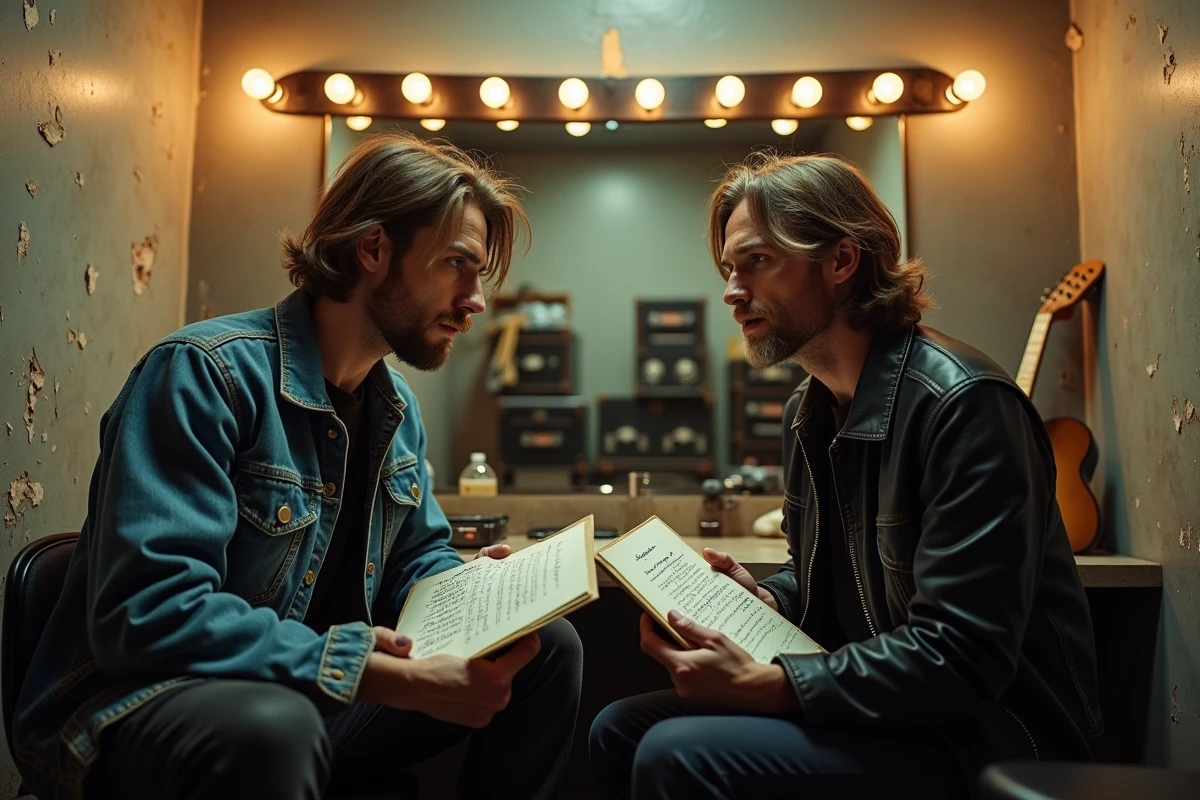 Deux musiciens de rock en coulisses consultant une setlist dans une loge authentique décorée de guitares et de flight cases