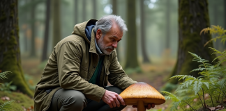 Mycologue examinant un boletus dans la forêt dense