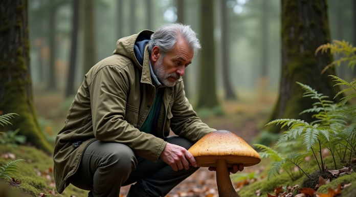 Comment distinguer un bolet au beau pied : guide complet pour les mycologues Mycologue examinant un boletus dans la forêt dense